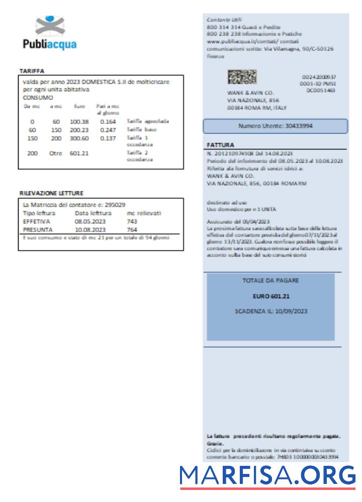 Realistic Publiacqua utility business bill, SCR real example
